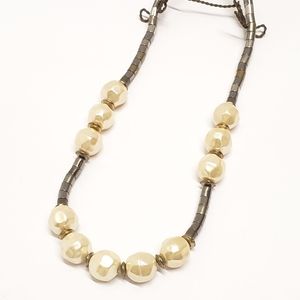 Unique Vintage Acrylic Pearl Bead & Silvertone Copper Tone Metal Tube Necklace